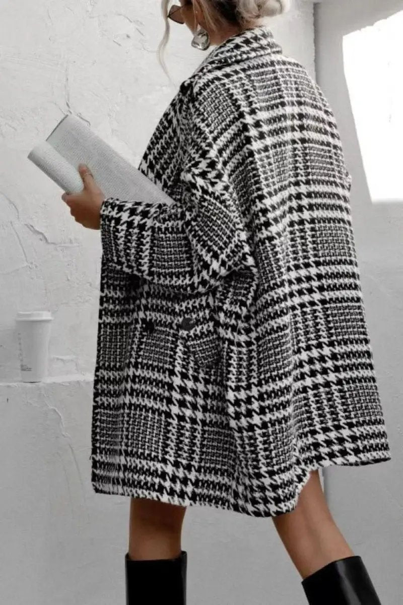 Houndstooth Collared Neck Long Sleeve Coat with Pockets - Love Salve